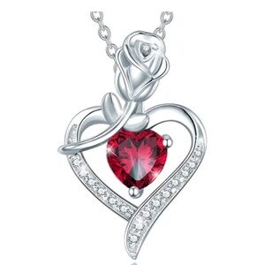 Beautiful 925 Silver Diamond Ruby Rose Heart Necklace